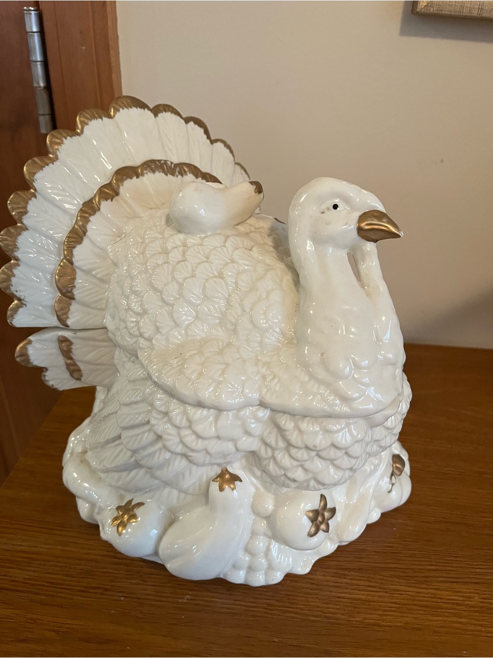 White Ceramic Turkey Figurine with Gold Accents
